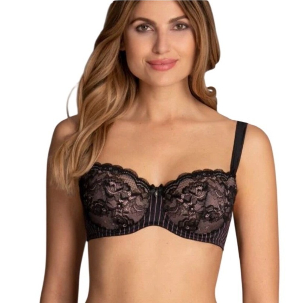 Rosa Faia Antonia Padded Balconette‎ Bra 38F Black Lace Pink Lined Underwire